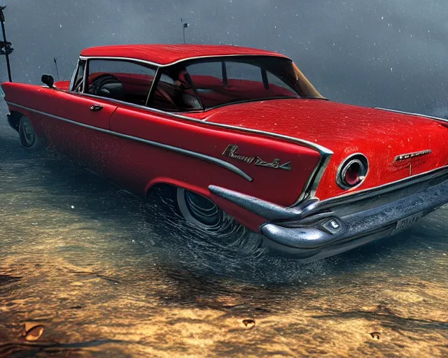 Prompt: red 1 9 5 8 plymouth fury submerged under water, cinematic, photoreal, by red dead redemption 2