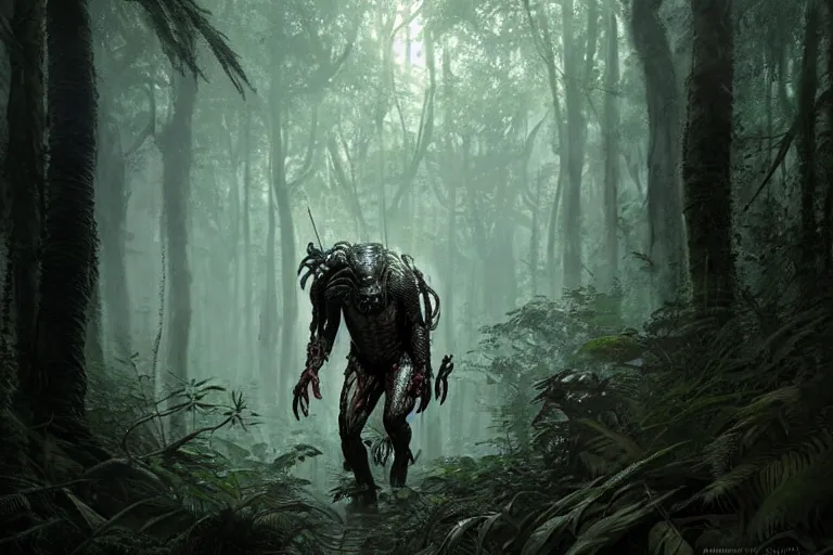 Prompt: ultra realistic, predator walking through dark forest, sci - fi, intricate details, eerie, highly detailed, octane render, 8 k, art by artgerm and alphonse mucha and greg rutkowski