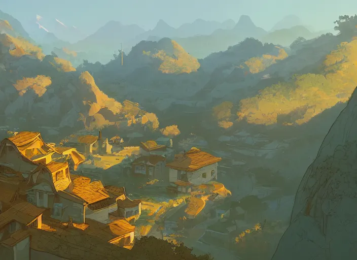 Image similar to concept art painting of a small village in a valley seen from above, european japanese buildings, early morning, cel shaded, by makoto shinkai and moebius and anton fadeev and james gurney