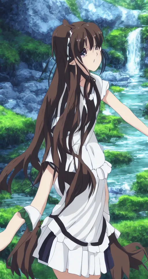 Image similar to high quality anime-style image of Hestia from Is It Wrong to Try to Pick Up Girls in a Dungeon wearing a plaid schoolgirl skirt, green curled pigtails hair, standing near a waterfall, 4k, digital art, wallpaper