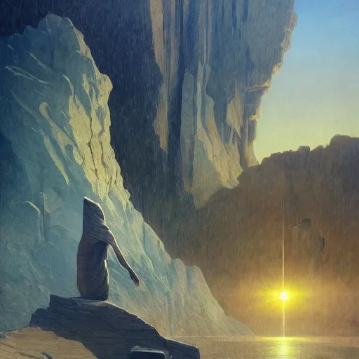 Image similar to David Friedrich, Esao Andrews, scifi landscape, hyperrealistic surrealism, award winning masterpiece with incredible details, epic stunning, infinity pool, a surreal vaporwave liminal space, highly detailed, trending on ArtStation, artgerm and greg rutkowski and alphonse mucha, daily deviation, IAMAG, broken giant marble head statue ruins, golden hour