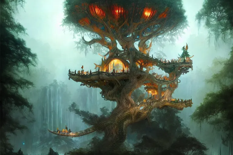 Image similar to treehouse from gaudi in a deep mystical forest , floating chinese lampoons, lake, waterfall, tall people walking and discussing, dynamic lighting, art by peter mohrbacher and john howe on artstation, mix with rivendell architecture, night mood