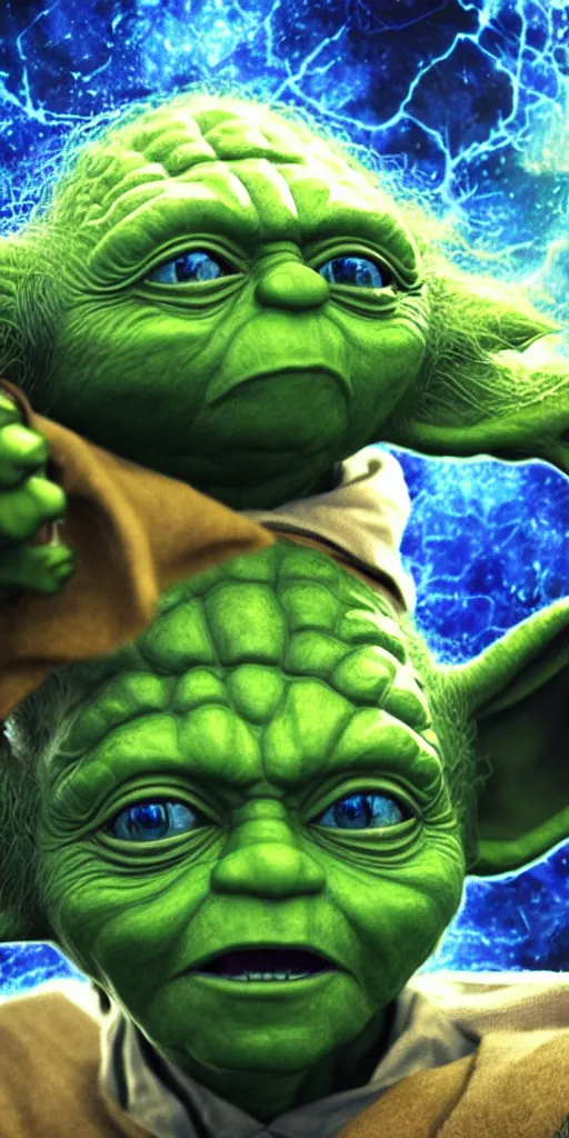 Prompt: well framed yoda with cobalt blue eyes in a lush jurassic landscape, 4 k, hyper realistic, coherent design, symmetrical, vivid colour, trending on art station, in the style of pi - slices, complementary colour, golden ratio, detailed, sharp lines, intricate, rainbow shift, in unreal 3 d engine, ray tracing, octane render