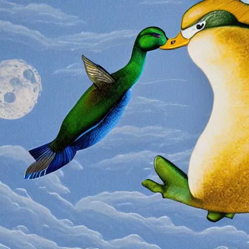 Image similar to flounder and mallard in love on the moon realistic photo