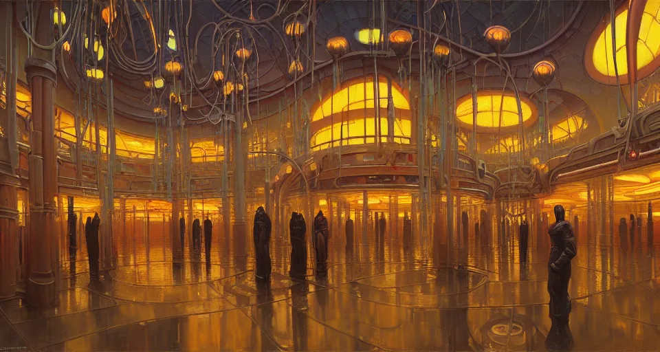 Prompt: a minimalist oil painting by donato giancola, warm coloured, cinematic scifi bioluminescent luxurious futuristic foggy steam filled victorian garden circular shopping mall interior with microscopy minimalist stained glass flowers growing out of pretty bulbous ceramic fountains, gigantic pillars and flowers, maschinen krieger, beeple, star trek, star wars, ilm, star citizen