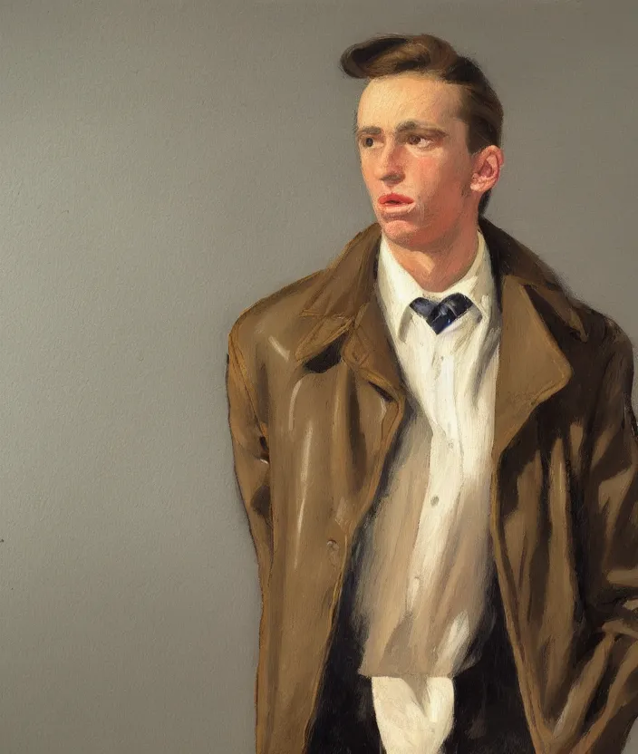 Image similar to a very detailed portrait of a man, wearing an 8 0 s jacket with big shoulder pads, very aesthetic leather jacket, detailed leather jacket, front view, in the style of edward hopper and oswald hornby joseph birley and susan ryder, very small brushstrokes, 4 k,