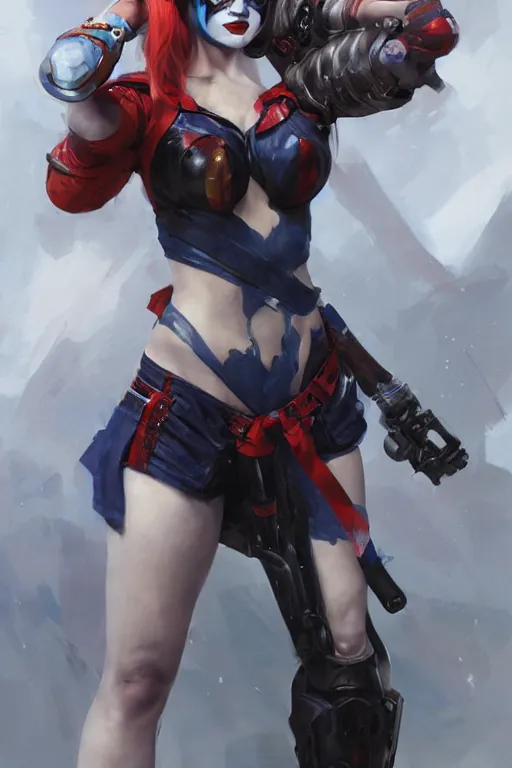 Prompt: portrait of korean Harley Quinn in bikini armor, dc comics, cyberpunk, Warhammer 40000, dark fantasy, digital art from artstation by Ruan Jia and Mandy Jurgens and Artgerm and william-adolphe bouguereau