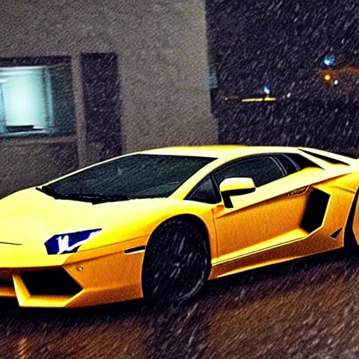 Image similar to Walter White driving a Lamborghini Aventador in the rain at night in the city