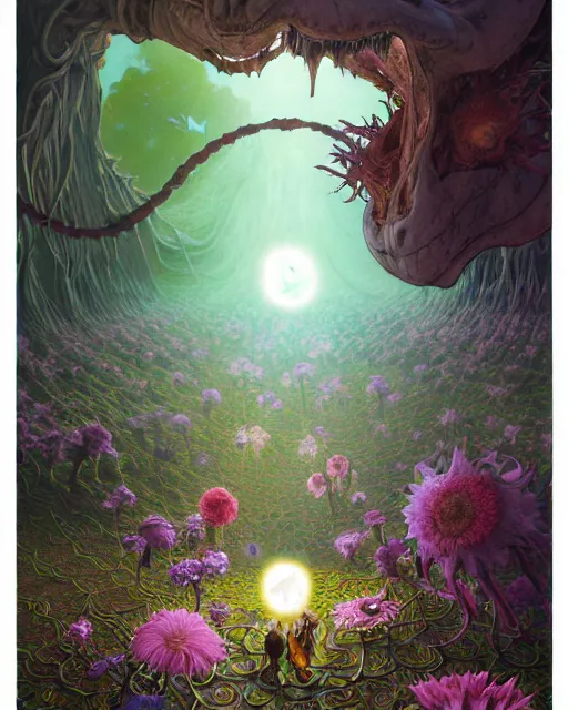 Prompt: the platonic ideal of flowers, sprouting, insects and praying of cletus kasady carnage davinci dementor chtulu mandelbulb ponyo alice in wonderland dinotopia watership down, d & d, fantasy, ego death, mdma, dmt, psilocybin, concept art by greg rutkowski and simon stalenhag and alphonse mucha