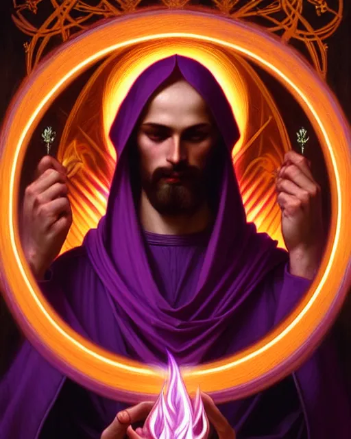 Image similar to violet fire, portrait of saint germain holding a violet colored flame, purple fire, intricate, elegant, highly detailed, digital painting, artstation, concept art, smooth, sharp focus, illustration, art by artgerm and greg rutkowski and fra angelico and alphons mucha