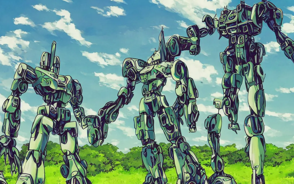 Prompt: 50ft tall mecha standing in a Blissful green field surrounded by old city ruins. 90s anime aesthetic.