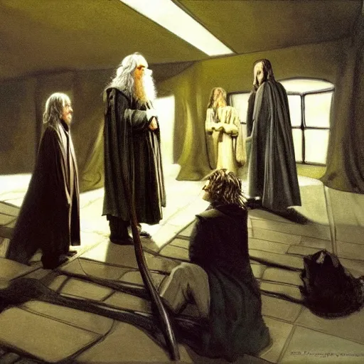 Image similar to the fellowship of the ring, gandalf, frodo, aragorn, legolas, by edward hopper