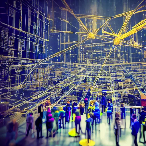 Prompt: crane shot of large group people in open warehouse, looking at hologram of futuristic city on a table, cinematic concept, godrays, golden hour, natural sunlight, 4 k, clear details, tabletop model buildings, tabletop model, ethereal hologram center, crane shot, crane shot, rule of thirds, people, people, award winning