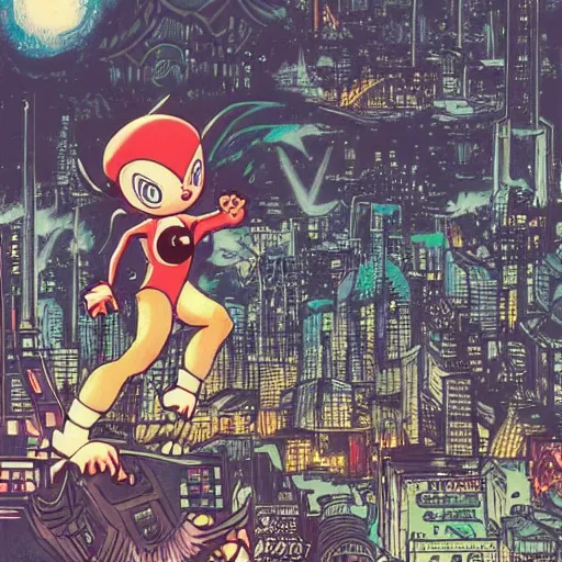 Prompt: “Astro Boy Demon nº625 Manga cover with an illustration of astroboy flying over a big messy luminous city, bird eyes view of the city, full of japanese signs, Ashley wood style, dynamic composition, printed on paper”