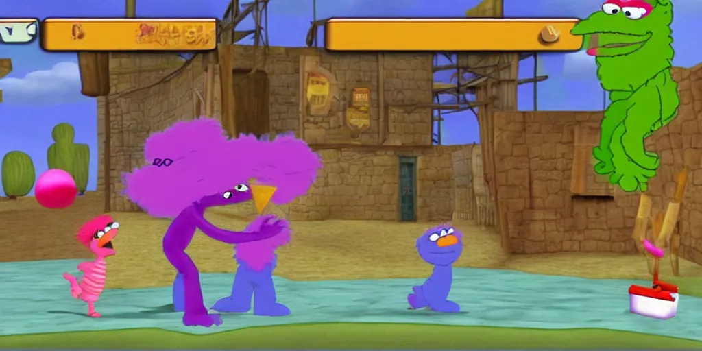 Prompt: Screenshot from “Barney vs Sesame Street” for the PS2