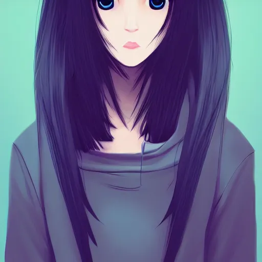 Image similar to portrait of a beautiful korean girl with very long hair and bangs, angular features, angry expression, wearing a black hoodie, in the style of A-1 studio, extremely clean lines, anime and manga style, anime concept art