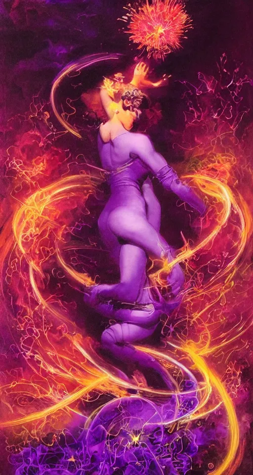 Image similar to she dreams of arcs of purple flame intertwined with glowing sparks, glinting particles of ice, dramatic lighting, steampunk, bright neon, secret holographic cyphers, red flowers, solar flares, high contrast, smooth, sharp focus, intricate art by Frank Frazetta