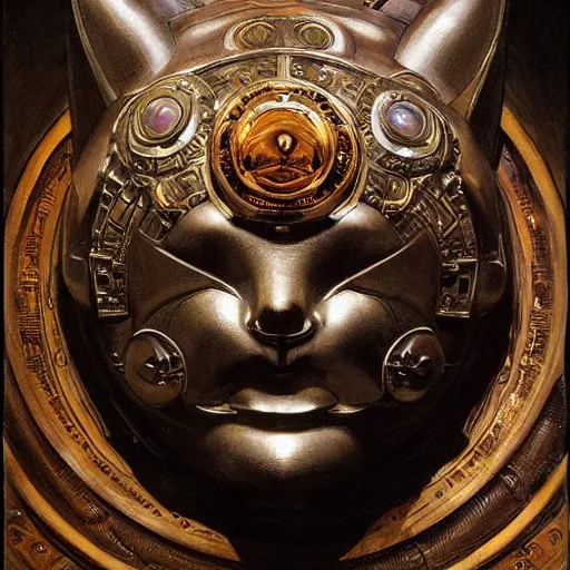 Prompt: masterpiece sculpture of an ornate mechanical robot cat head, by annie swynnerton and diego rivera and nicholas roerich and jean delville, symbolist, dramatic lighting, god rays, elaborate geometric ornament, art brut, soft colors, smooth, sharp focus, extremely detailed, adolf wolfli and ( donato giancola )