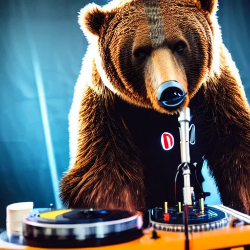 Image similar to an instagram photo of a grizzly bear dressed in hip hop street clothes in front of a dj table holding a microphone