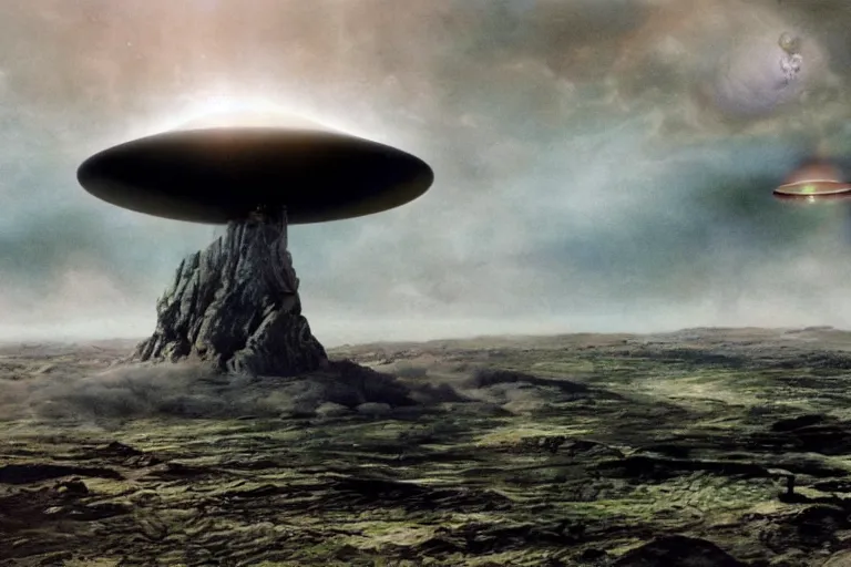 Prompt: matte painting of an alien invasion with a giant ufo entering the atmosphere seen from the surface of the earth