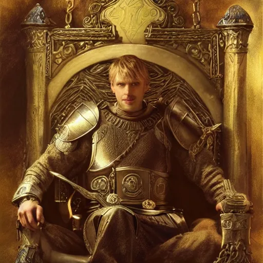 Prompt: attractive king arthur pendragon, sat in his throne, big arches in the back, natural lighting, path traced, high quality, very detailed digital painting, by gaston bussiere, craig miller, j. c. leyendecker