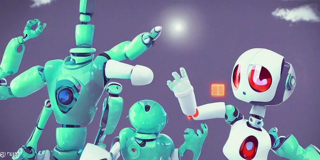 Image similar to “kawaii robot high fiving in a landscape”