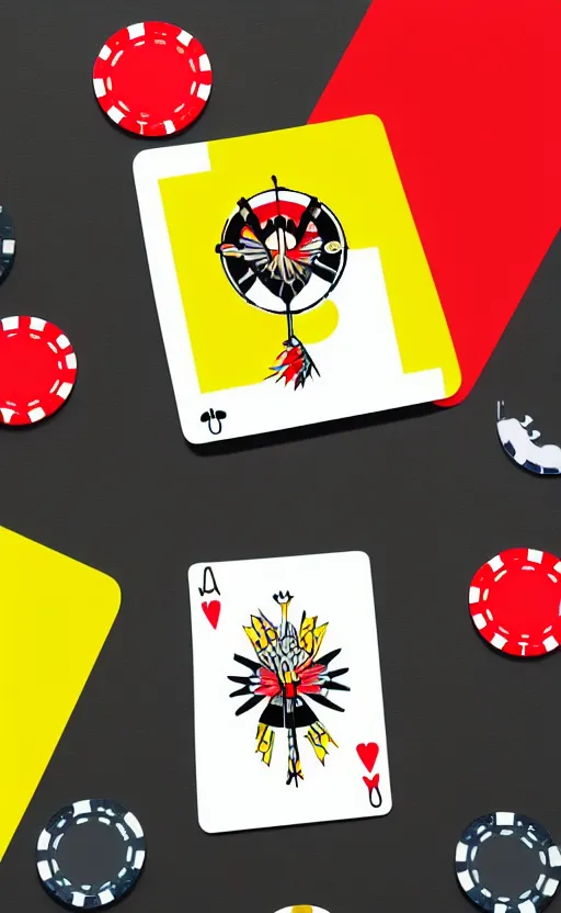 Image similar to poker card style, simple, modern look, colorful, japanese crane bird symbol in center, pines symbols, turchese and yellow and red and black, vivid contrasts, for junior, smart design, backed on kickstarter