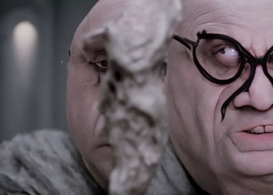 Image similar to still image of lord voldemort played by danny devito, dark, dim, evil, ominous, creepy, close - up, cinematic, 4 0 mm f / 2. 8, anamorphic