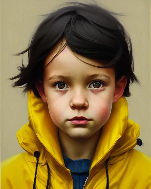 Prompt: stylized portrait of an artistic pose, composition, young kid with a yellow raincoat, standing in an empty steet, realistic shaded, fine details, realistic shaded lighting poster by ilya kuvshinov, magali villeneuve, artgerm, jeremy lipkin and michael garmash and rob rey