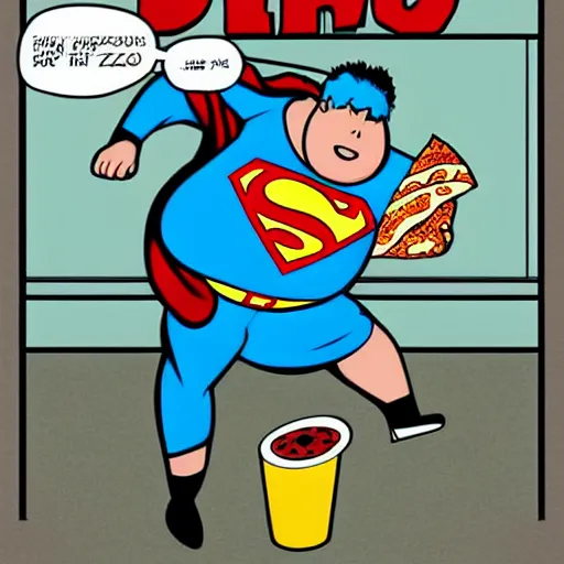 Prompt: graphic novel cover of super hero “Morbidly Obese Man” defeating a huge pizza.