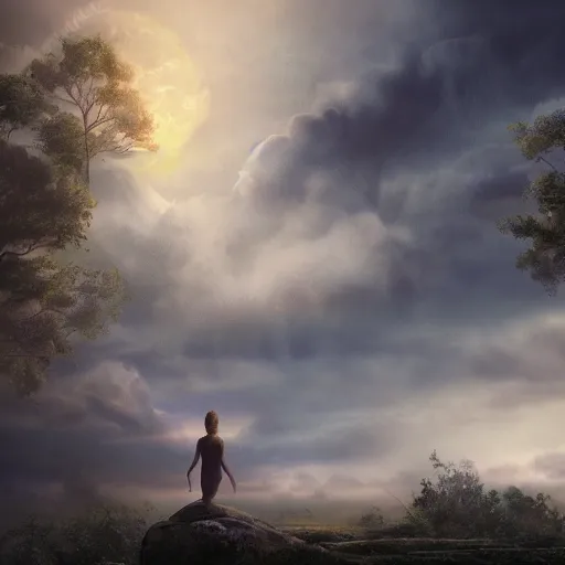 Image similar to concept art trending on art station detailed matte painting of an mystical being meditation in the sky, dramatic, 8k, digital art