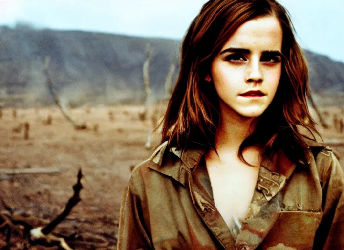 Image similar to emma watson portrait, battle of khe sanh, landscape background burned trees,