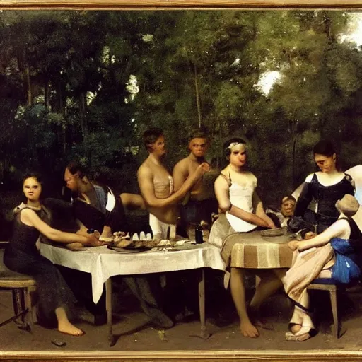 Image similar to by camille corot, by jakub rozalski, by bert hardy van dyke brown, prismatic unified, energetic. a beautiful body art of a group of people standing around a circular table. in the center of the table is a large, open book. the people in the body art are looking at the book with interest & appear to be discussing its contents.