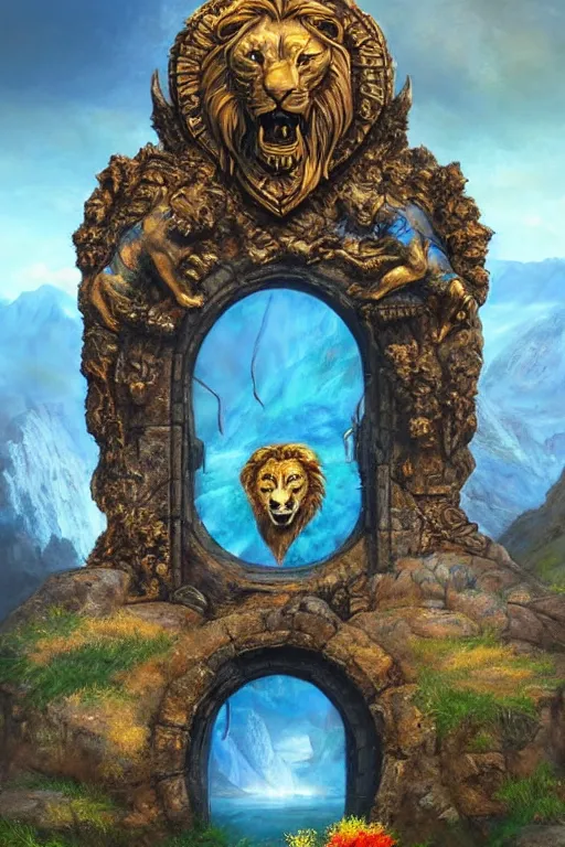 Prompt: A giant medieval fantasy blue energy portal gate with a rusty gold carved lion face at the center of it, the portal takes you to another world, full of colorful flowers on the lost Vibes and mountains in the background, spring, delicate fog, sea breeze rises in the air, by andreas rocha and john howe, and Martin Johnson Heade, featured on artstation, featured on behance, golden ratio, ultrawide angle, f32, well composed, rule of thirds, center spotlight, low angle view