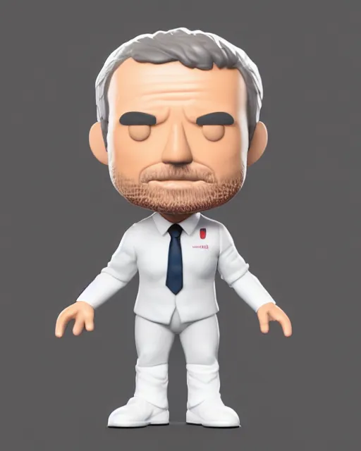 Image similar to full body 3d render of funko pop emmanuel macron as a funko pop, studio lighting, white background, blender, trending on artstation, 8k, highly detailed