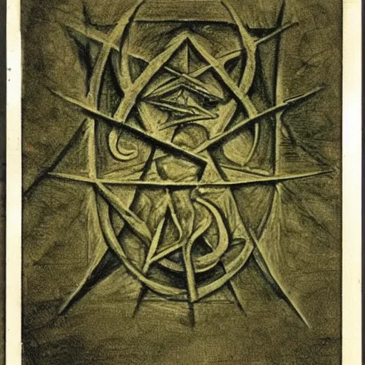 Prompt: paranormal polaroid of the sigil of power drawn by austin osman spare, low key lighting, creepy atmosphere