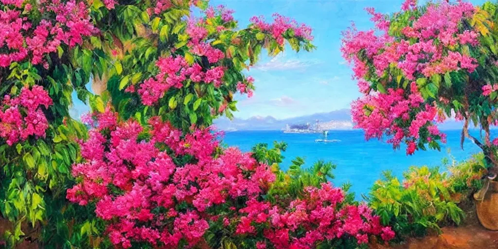 Image similar to beautiful hyper realistic oil painting of a provencal landscape with bougainvillea and near the sea