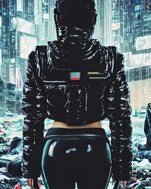 Prompt: detailed portrait guard girl with very short hair seen from the back, cyberpunk futuristic, reflective puffer jacket, black leggings, decorated with traditional ornaments in front of a dystopian crowd with piles of garbage perfect face, fine details, realistic shaded, fine - face, pretty face