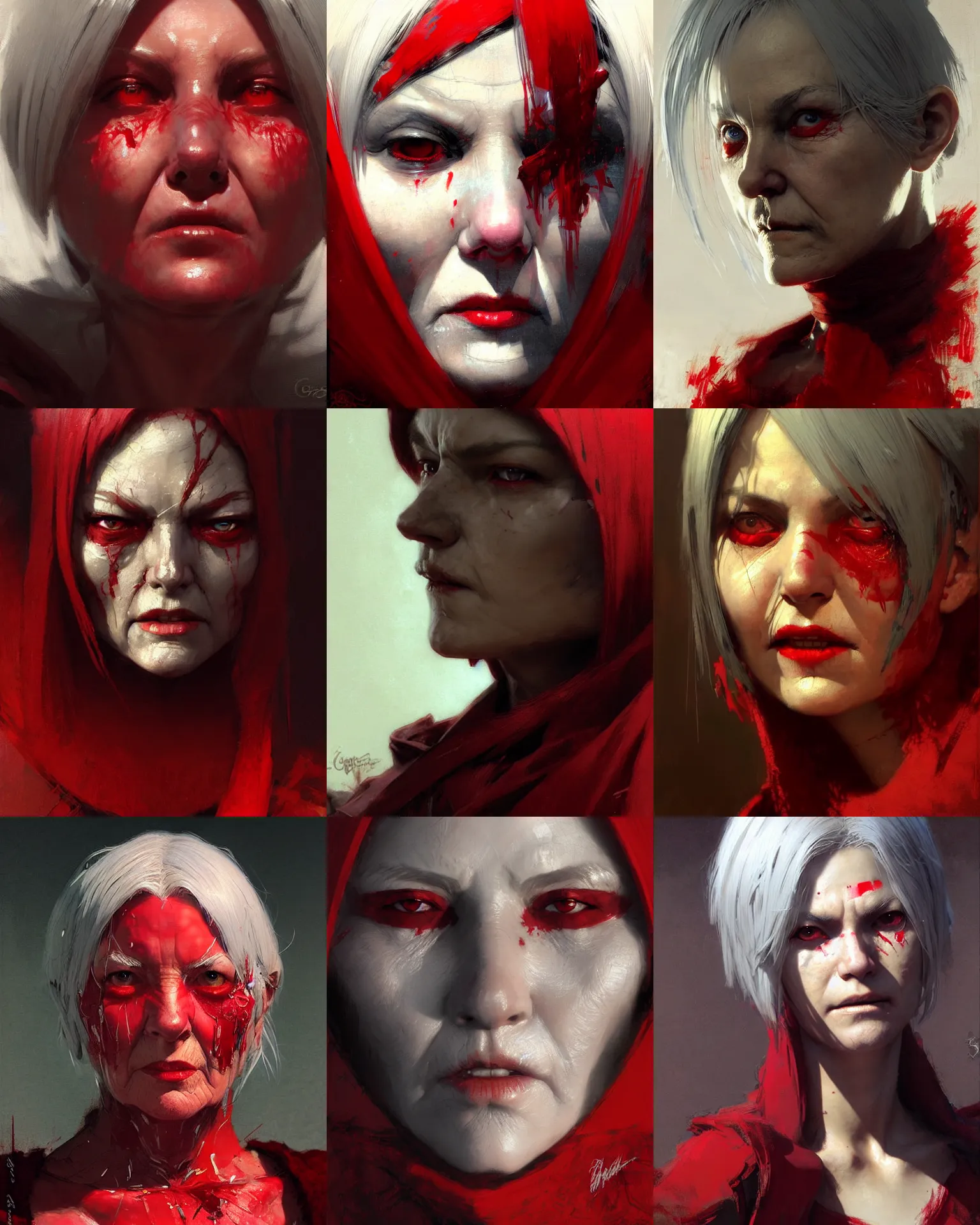 Prompt: close up, facial portrait, old hag in red, striking pose, portrait dnd, nier 2 b, painting by gaston bussiere, craig mullins, greg rutkowski, yoji shinkawa, artgerm