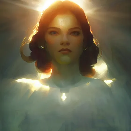 Image similar to godess of artificial intelligence, sharp focus, god rays, volumetric light, by greg rutkowski and greg manchess, cinematic, light from above