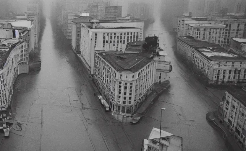 Image similar to 1990s historic footage of a sovietic street with pedestrians, aerial view from a drone, aerial view Cinestill 800t 18mm, heavy grainy picture, very detailed, high quality, 4k panoramic, rain, mud, foggy