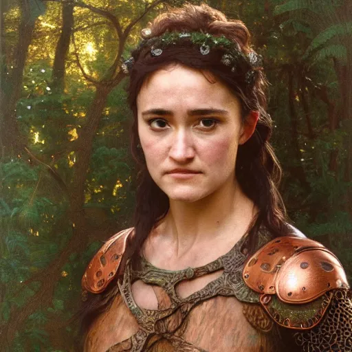 Image similar to a detailed, beautiful portrait oil painting of keisha castle hughes, with a hurt expression, wearing intricate, etched copper armor in an ancient forest, by donato giancola, john williams waterhouse, and william adolphe bouguereau