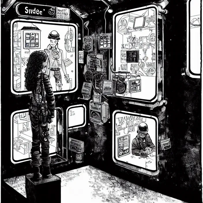 Image similar to sadie sink as a miner inside a minimalist steampunk automated kiosk booth considers food options to choose from. small room. wide angle lens. black and white, pencil and ink. scifi cyberpunk. by gabriel hardman, joe alves, chris bonura. cinematic atmosphere, detailed and intricate, perfect anatomy