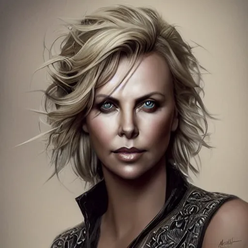 Image similar to a portrait of charlize theron as a sorceress, upper half portrait, urban motifs, intricate, elegant, highly detailed, digital painting, trending on artstation, concept art, smooth sharp focus, illustration, art by artgerm and greg rutkowski