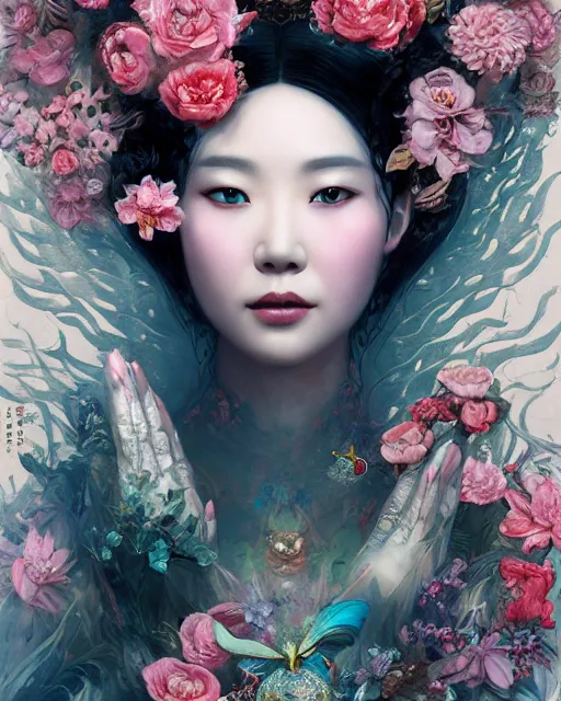 Image similar to portrait of the chinese queen of the underworld, surrounded by flowers by karol bak, james jean, tom bagshaw, rococo, sharp focus, trending on artstation, cinematic lighting, hyper realism, octane render, 8 k, hyper detailed.