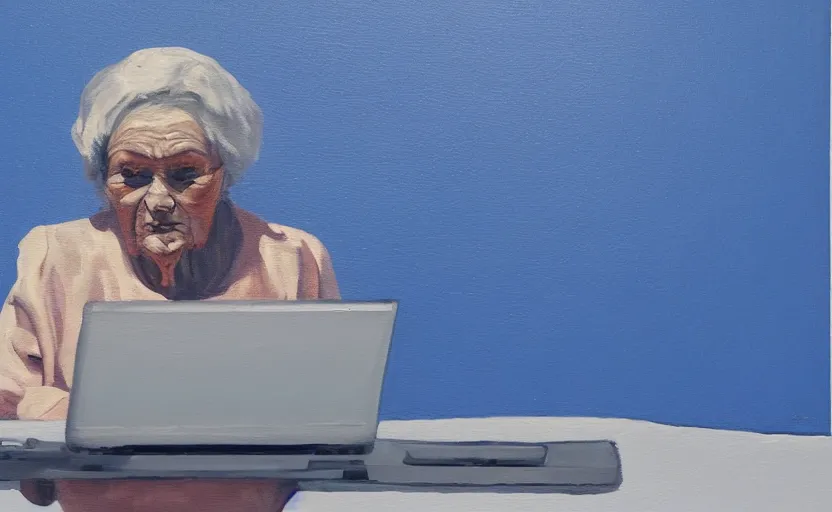 Image similar to a painting of an old woman walking across the keyboard of a giant laptop, high quality, smooth, blue period