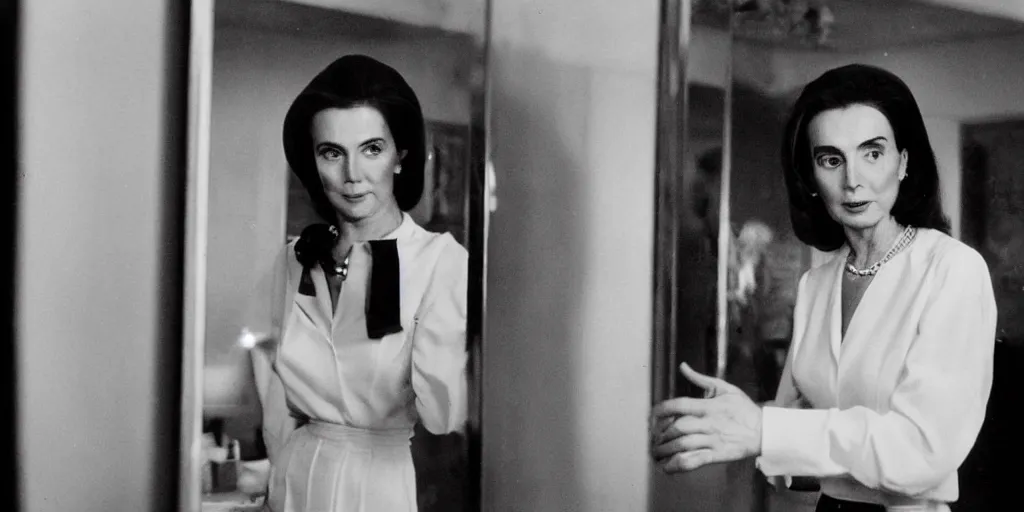 Image similar to ultra wide angle color photo of beautiful young nancy pelosi dressed in a white blouse and black dress pants as diana prince looking at herself in a bathroom mirror and seeing her reflection as wonder woman