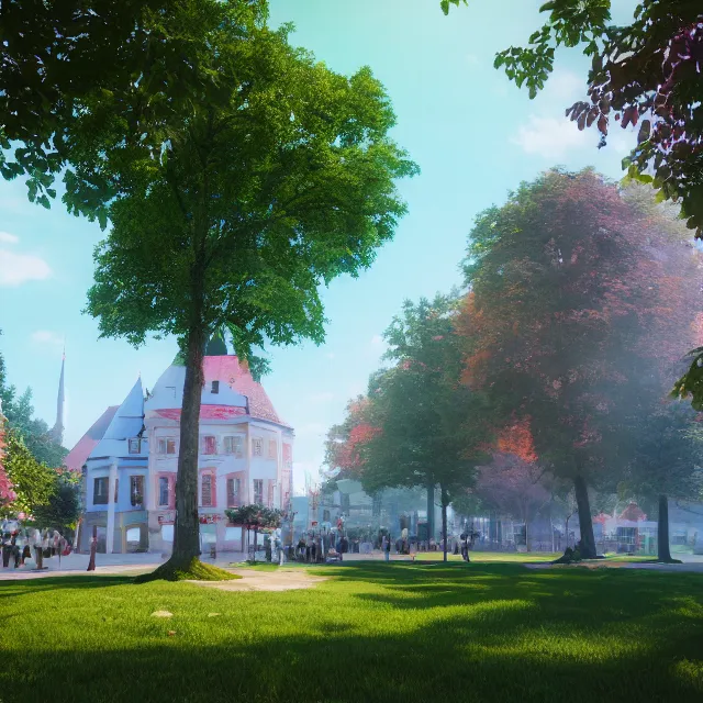 Image similar to colorful colonial city built in a ring around a giant maple tree, huge tree, tallin estonia, cinematic, volumetric, realistic, cinematic lighting, ray tracing, unreal engine 5, octane render, hyper realistic, photo, 8 k