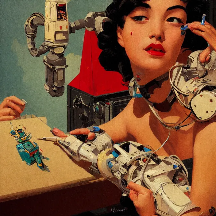 Image similar to robot artist painting a self - portrait on a canvas. intricate, highly detailed, digital matte painting, in the style of sachin teng, and in the style of hans thoma, and in the style of gil elvgren. irony, recursion, inspiration.