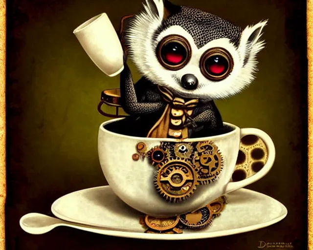 Image similar to an steampunk lemur having a cup of tea, by donato gioncola, mark ryden
